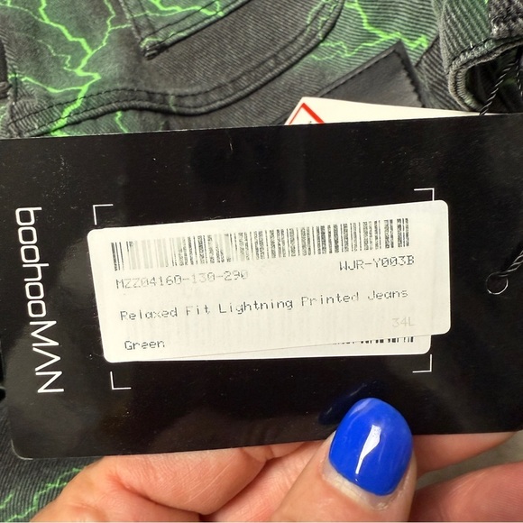 Boohoo Man jeans green lightning print jeans relaxed fit - Picture 7 of 11